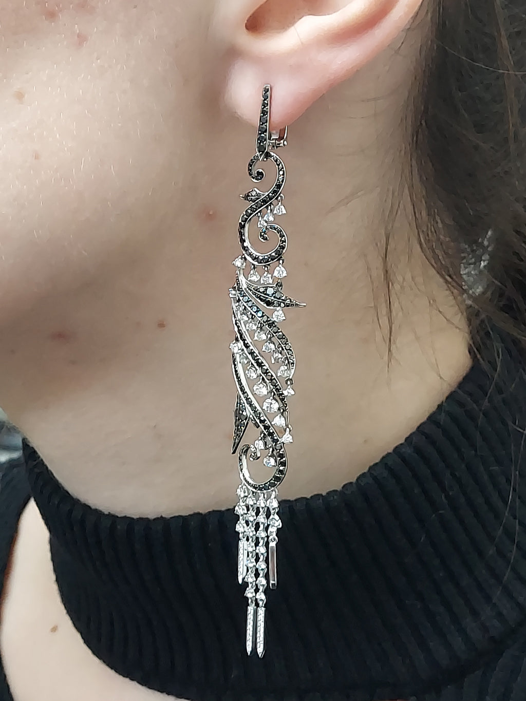 5.11 Carat Black & White Diamond Hanging Earrings