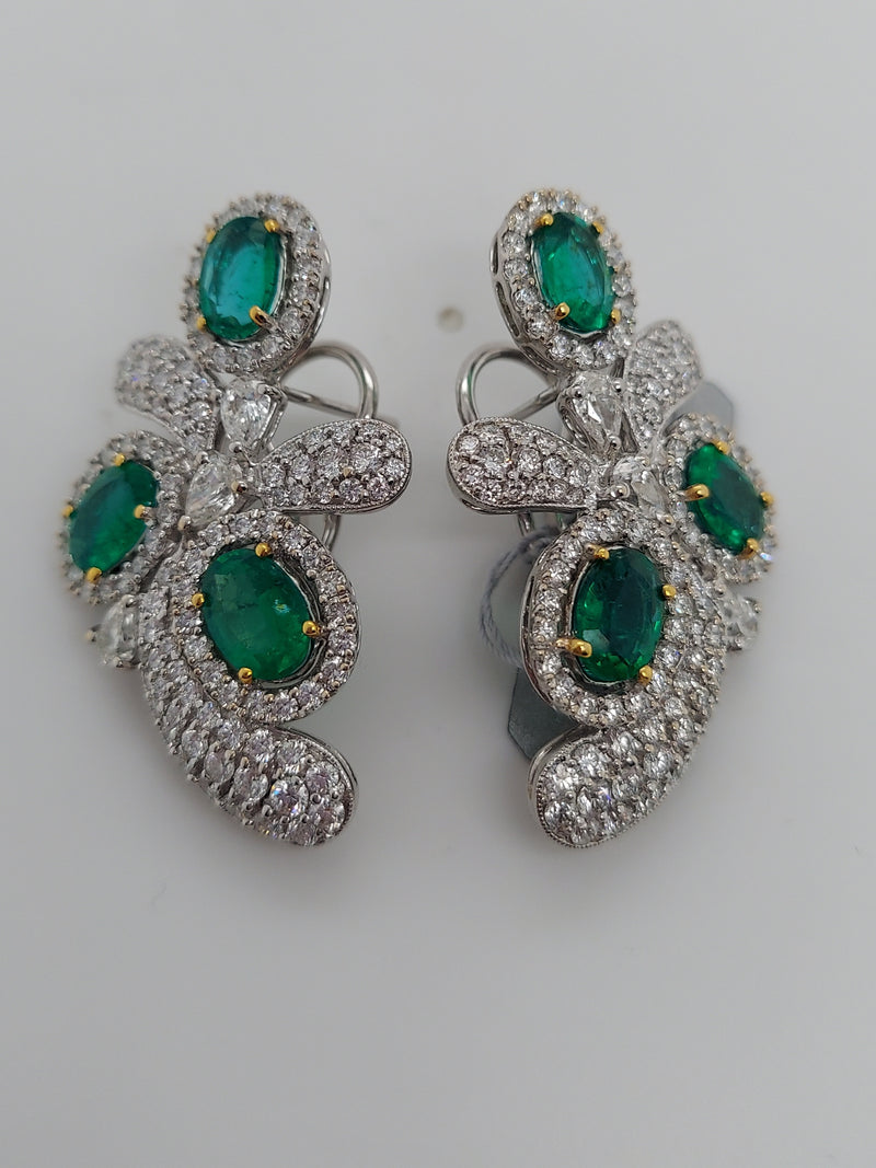 Oval Cut Green Emerald & Diamond Earrings