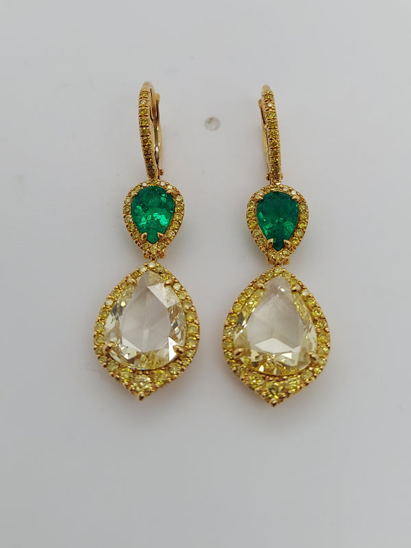 Fancy Yellow Diamond & Green Emerald Drop Eaarings