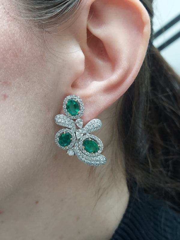 Oval Cut Green Emerald & Diamond Earrings