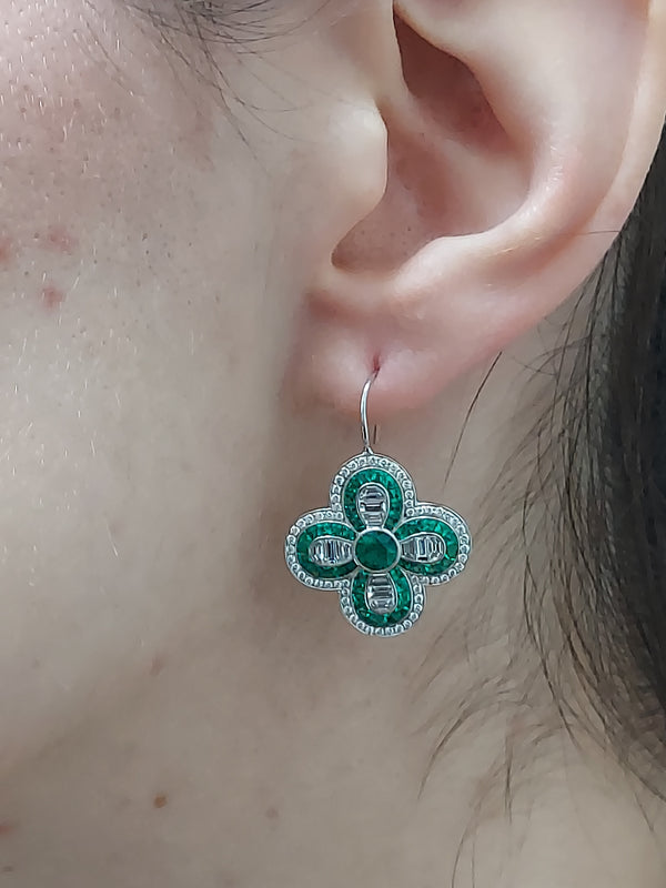 Green Emerald & Diamond Flower Earrings