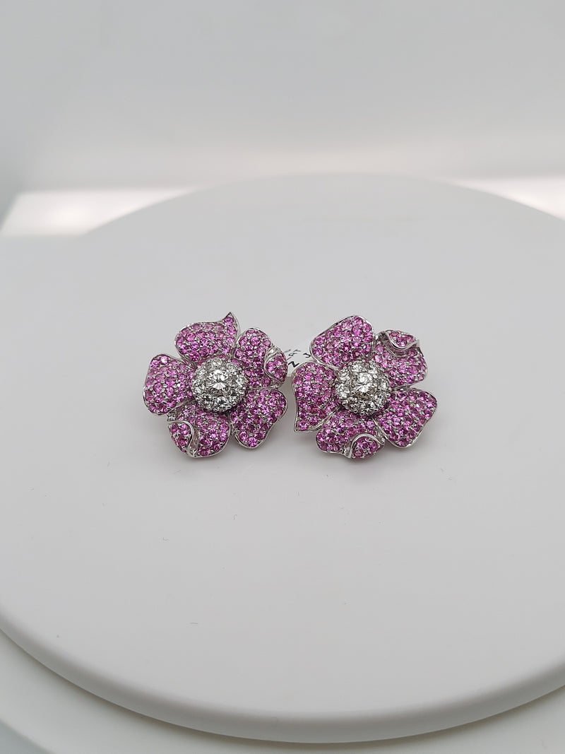 Pink Sapphire & Diamonds Flower Earrings