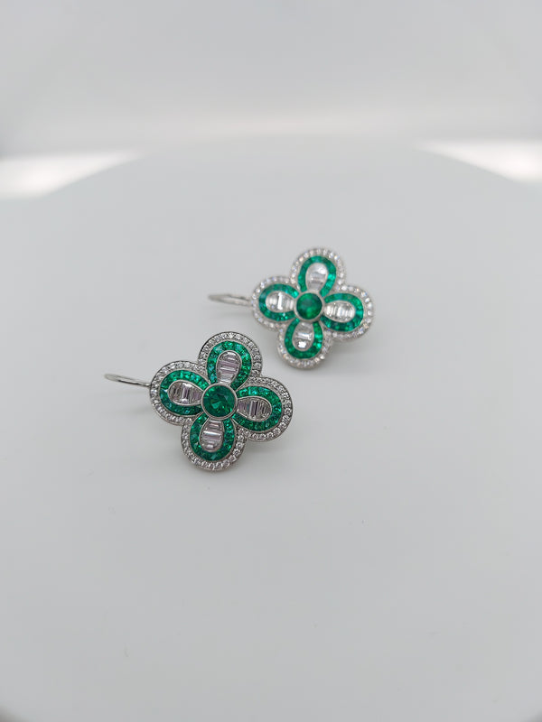 Green Emerald & Diamond Flower Earrings