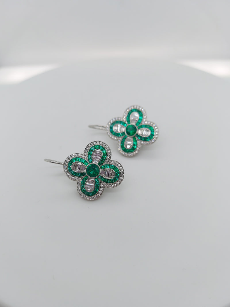 Green Emerald & Diamond Flower Earrings