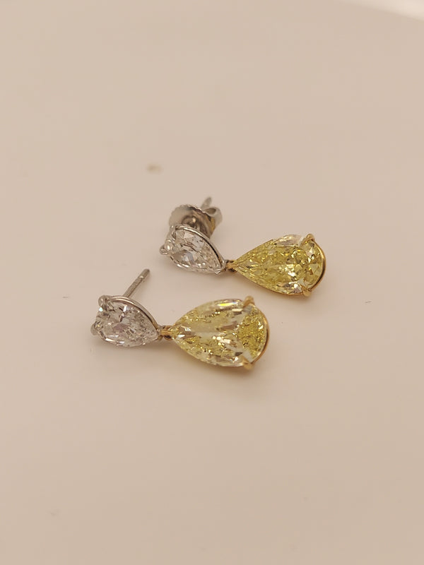 Fancy Yellow & White Pear Shaped Diamond Earrings