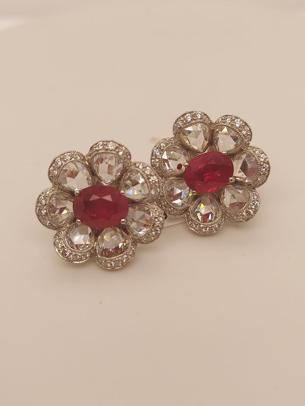 Ruby & Diamonds Flower Earrings