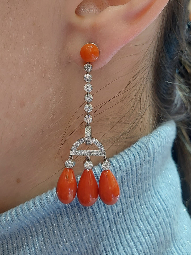 Coral & Diamond Drop Earrings