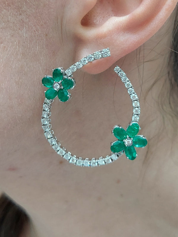 7.74 Carat Emerald & 3.87 Carat Diamond Hoop Earrings