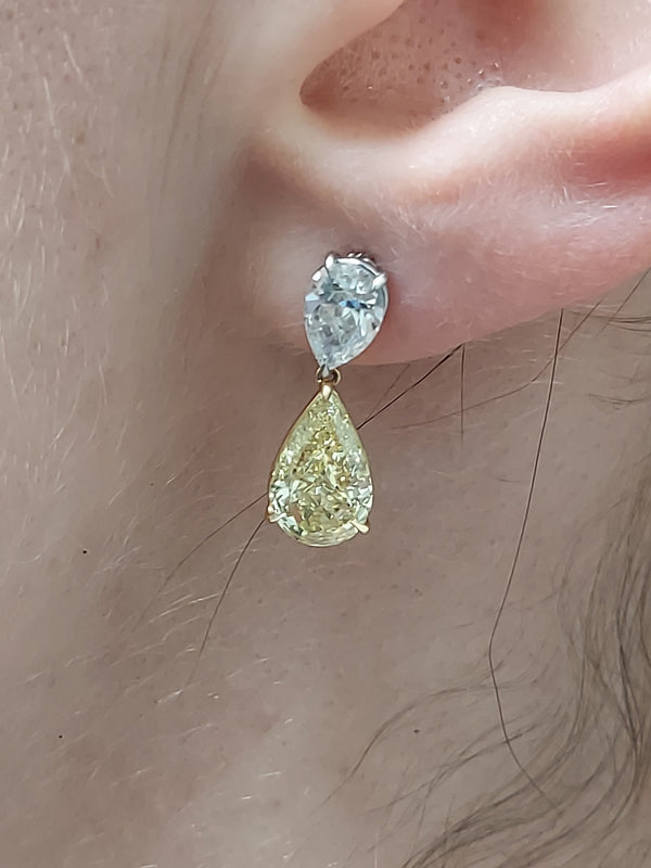 Fancy Yellow & White Pear Shaped Diamond Earrings