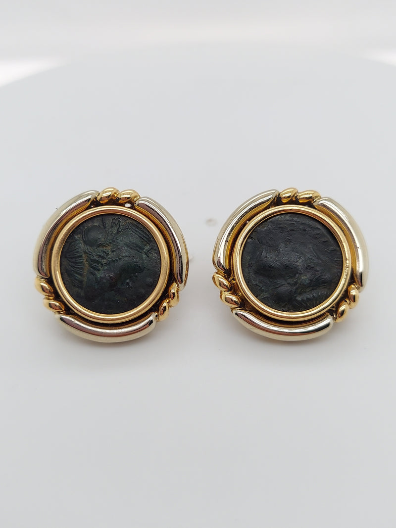 Bvlgari Two Tone 18k Gold Ancient Roman Coin Earrings