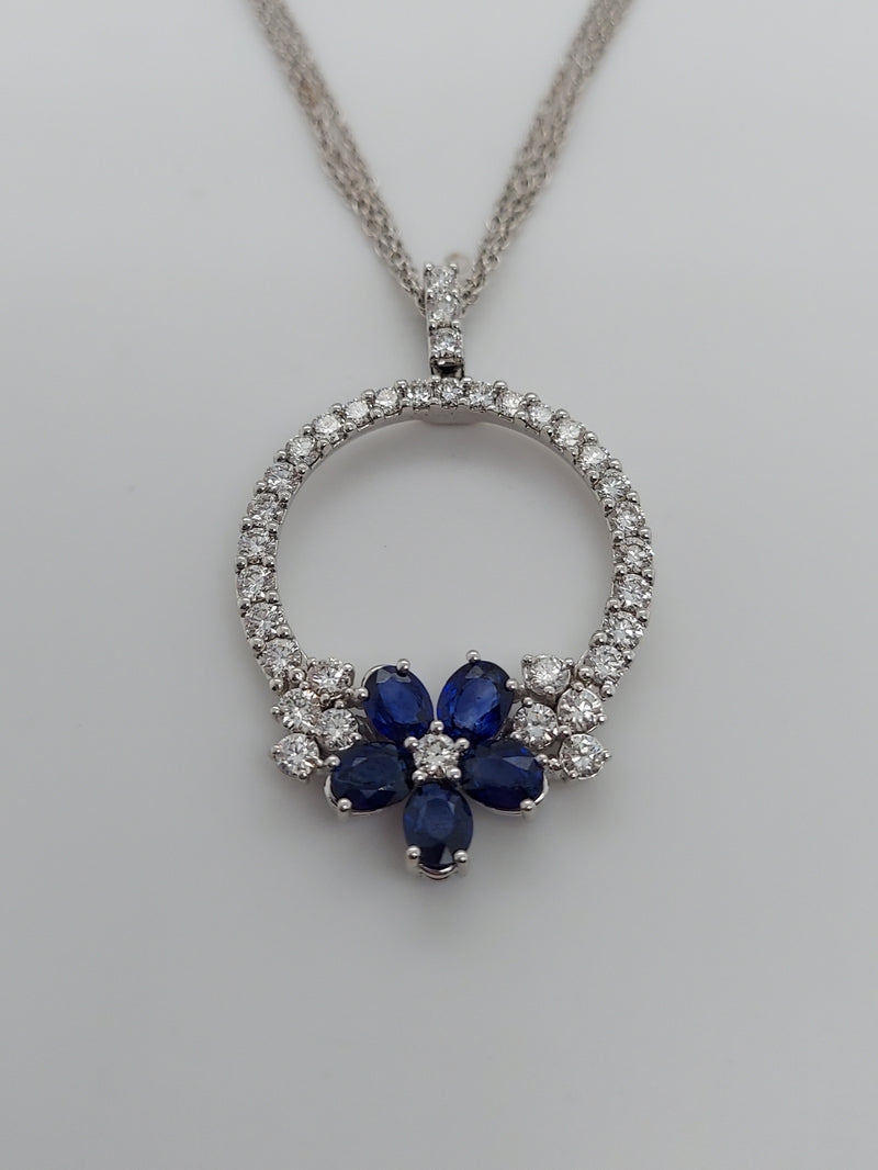 Blue Sapphire & Diamonds Circle Pendant with a flower