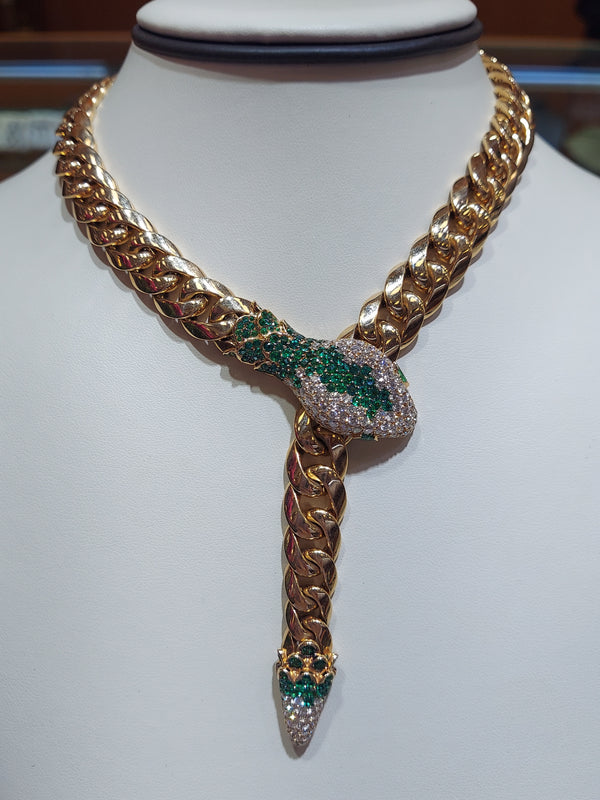 Green Emerald & Diamond Cuban Link Necklace