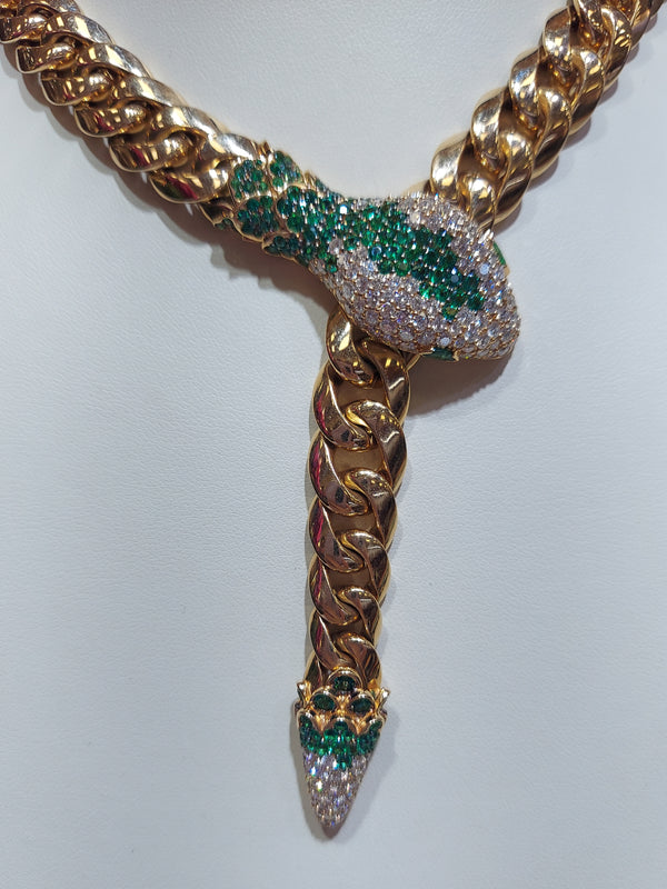 Green Emerald & Diamond Cuban Link Necklace