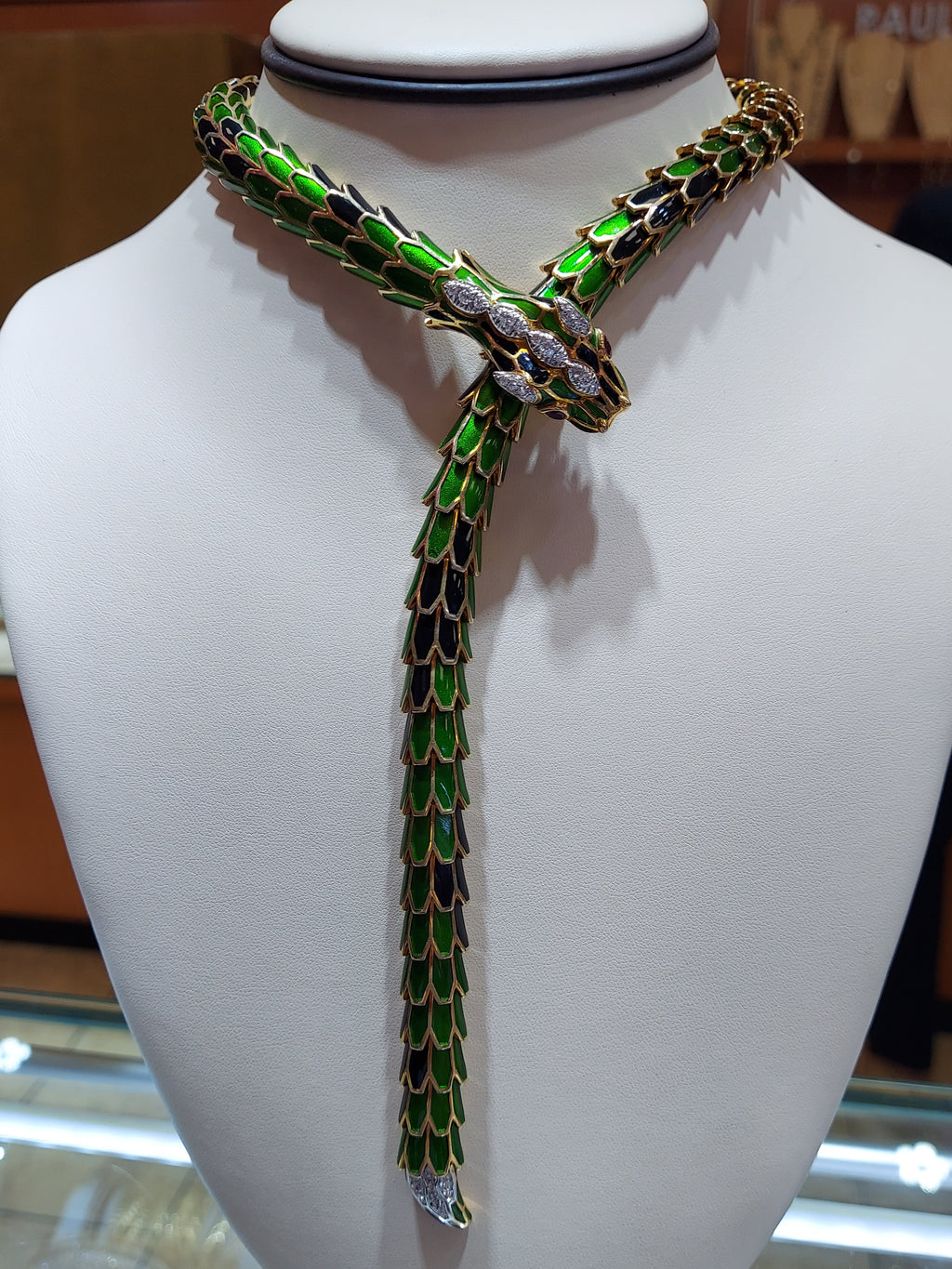 Green & Black Enamel Snake Necklace with Diamonds