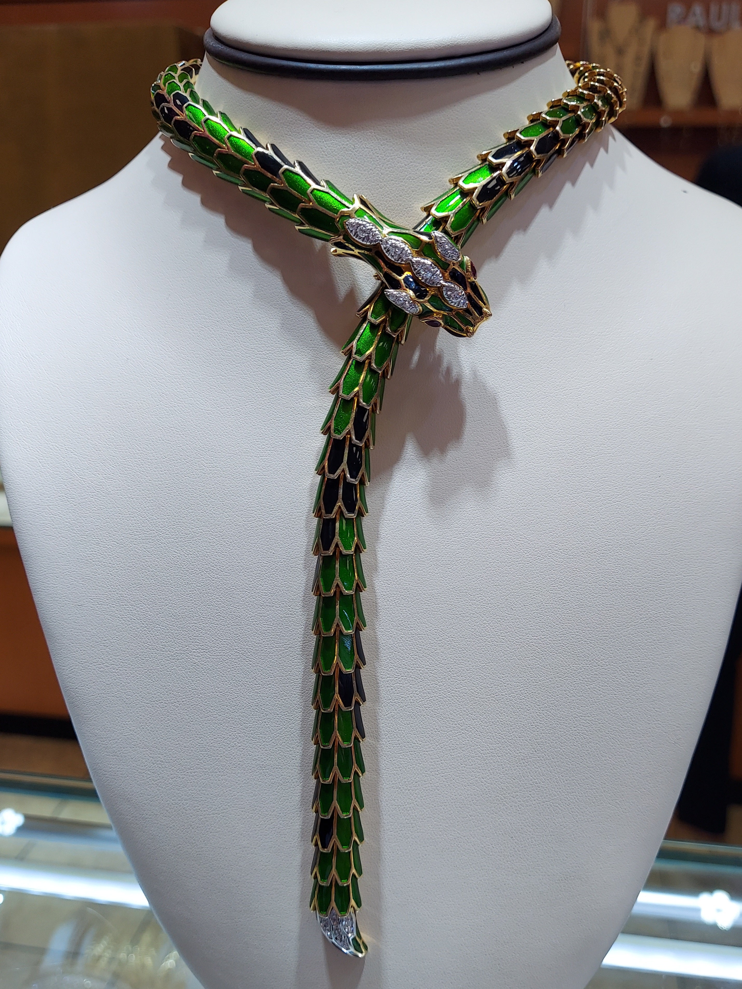 Green & Black Enamel Snake Necklace with Diamonds