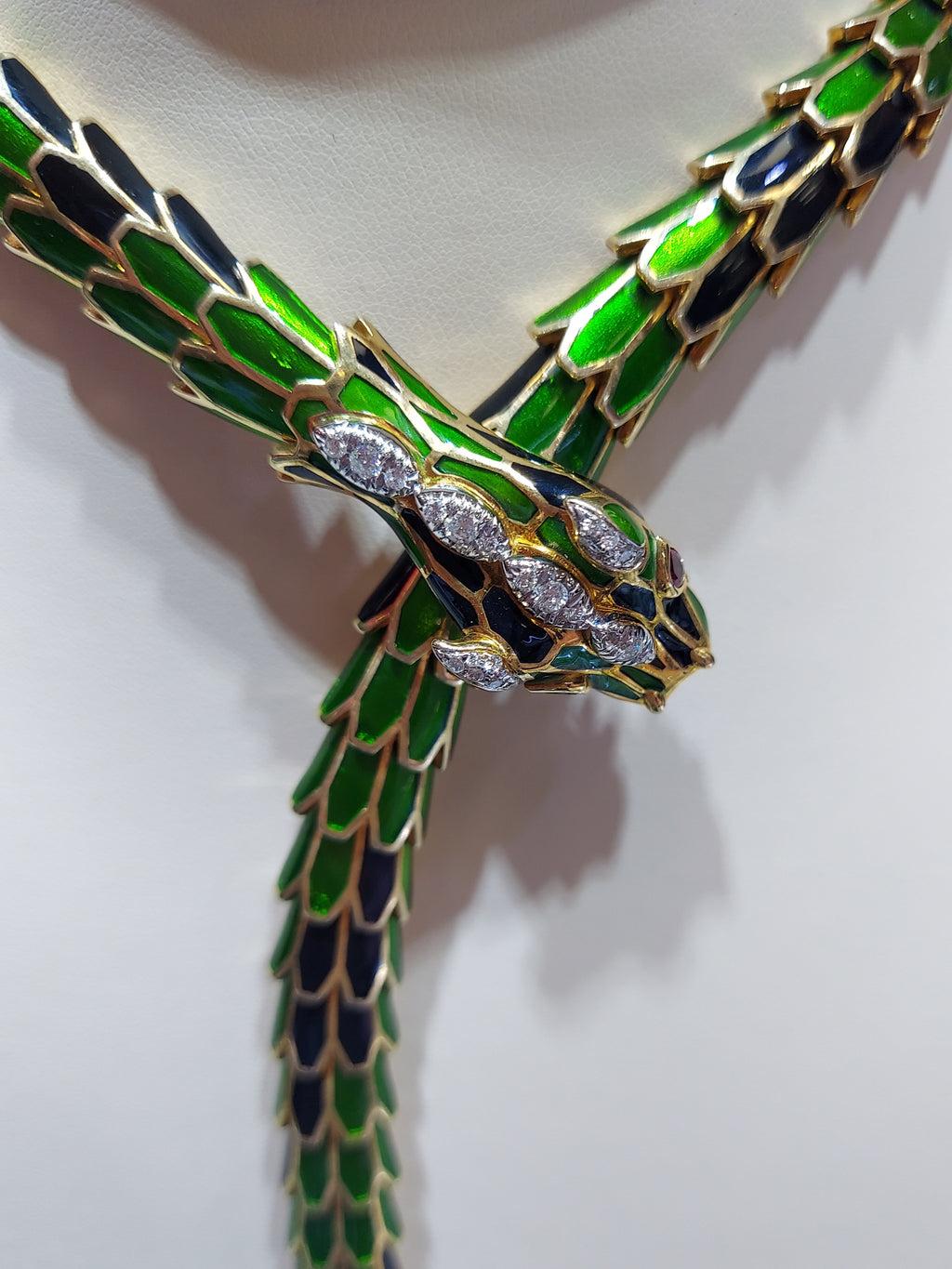 Green & Black Enamel Snake Necklace with Diamonds