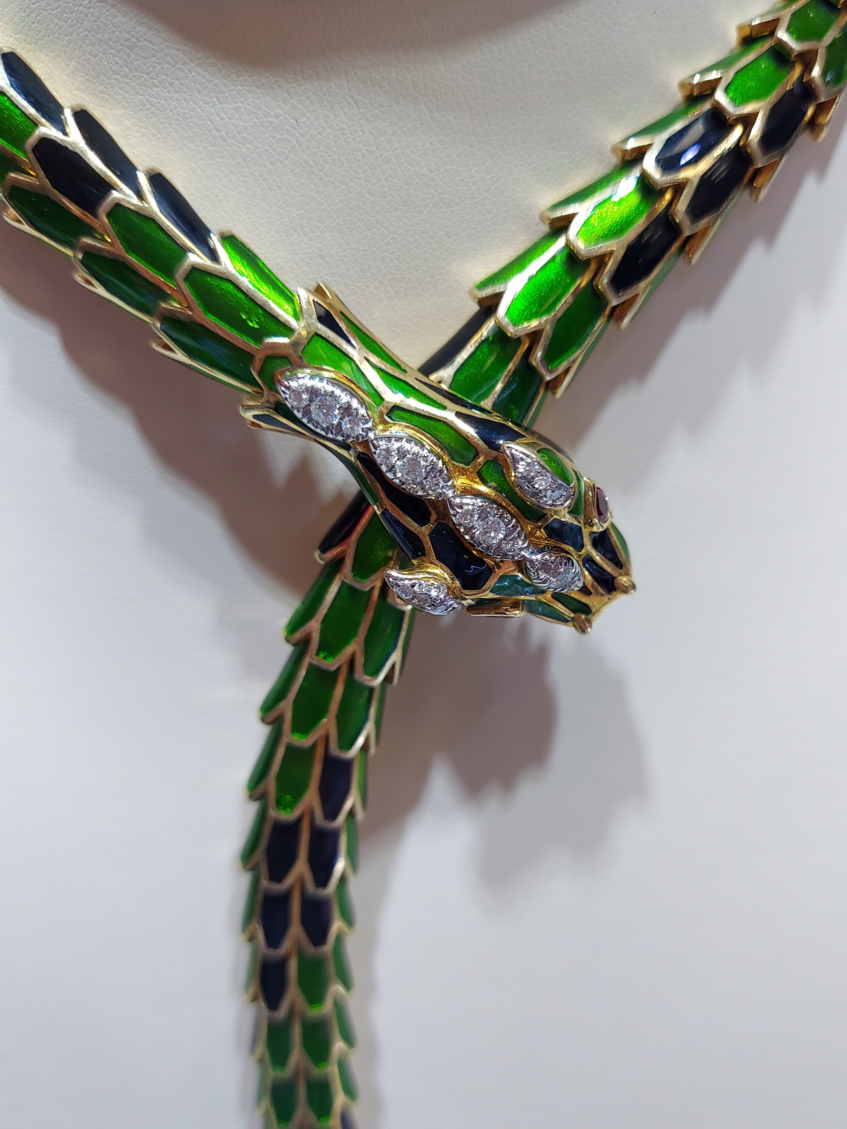 Green & Black Enamel Snake Necklace with Diamonds
