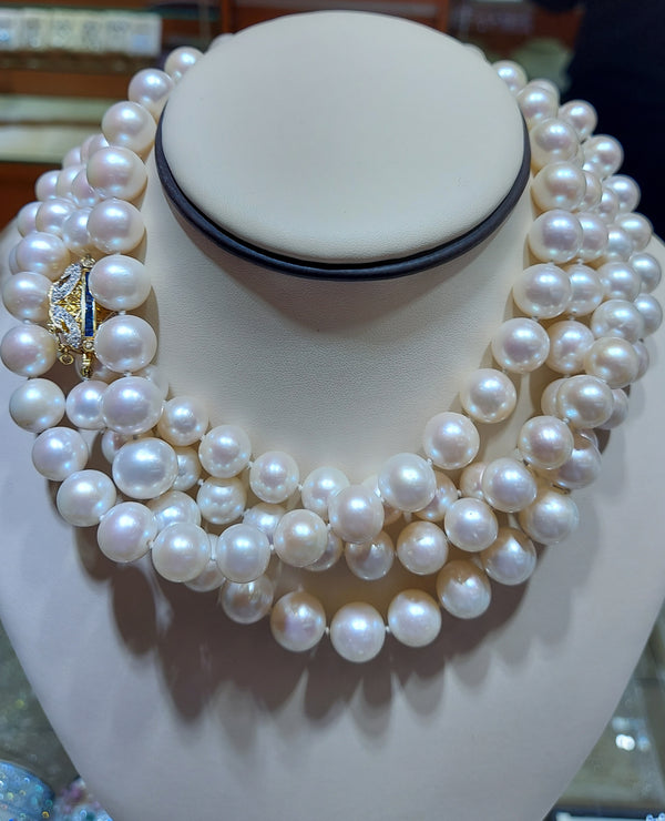 Acoya Pearl Long Necklace  With Sapphire & Diamond Clasp