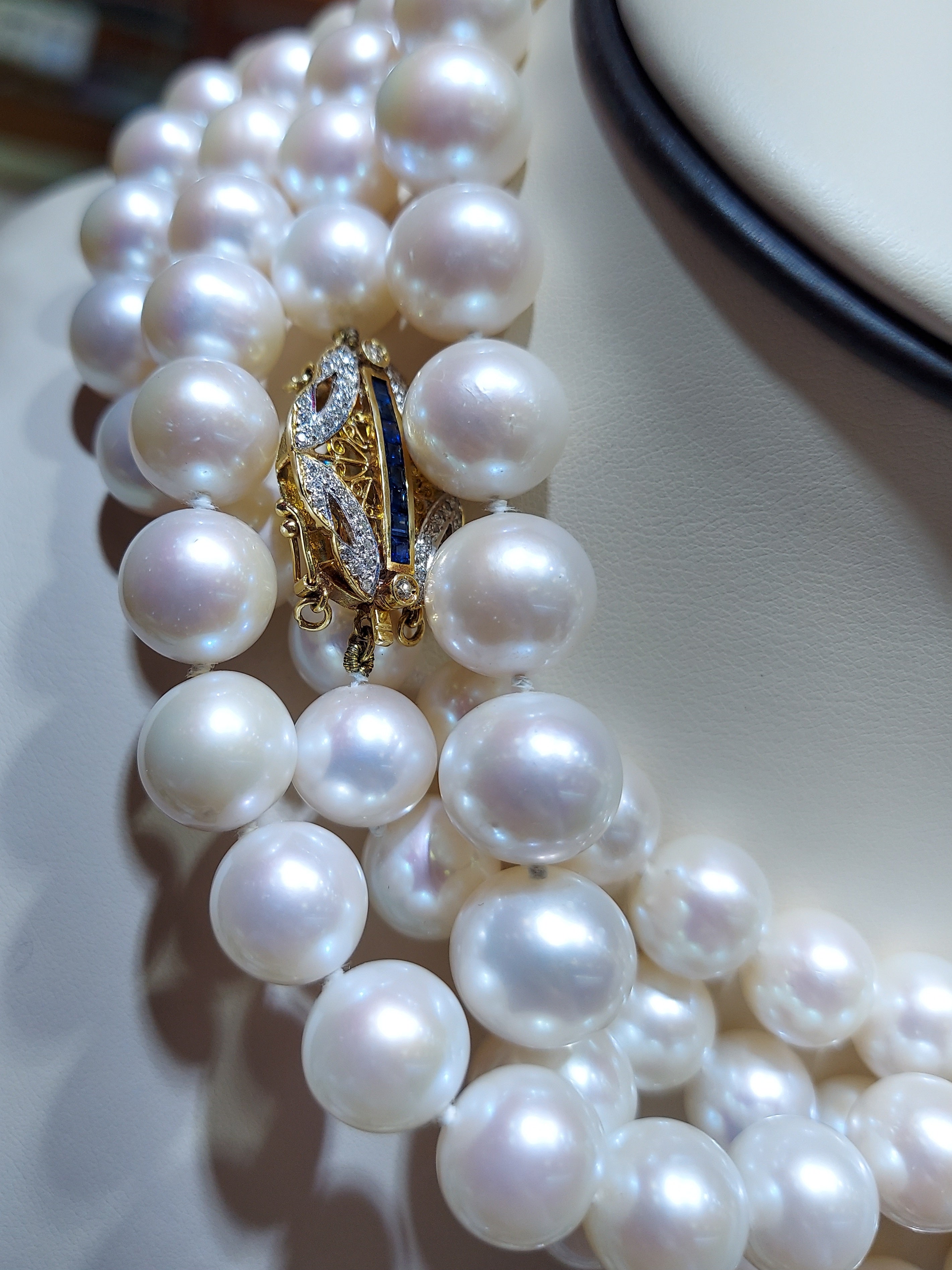 Acoya Pearl Long Necklace  With Sapphire & Diamond Clasp
