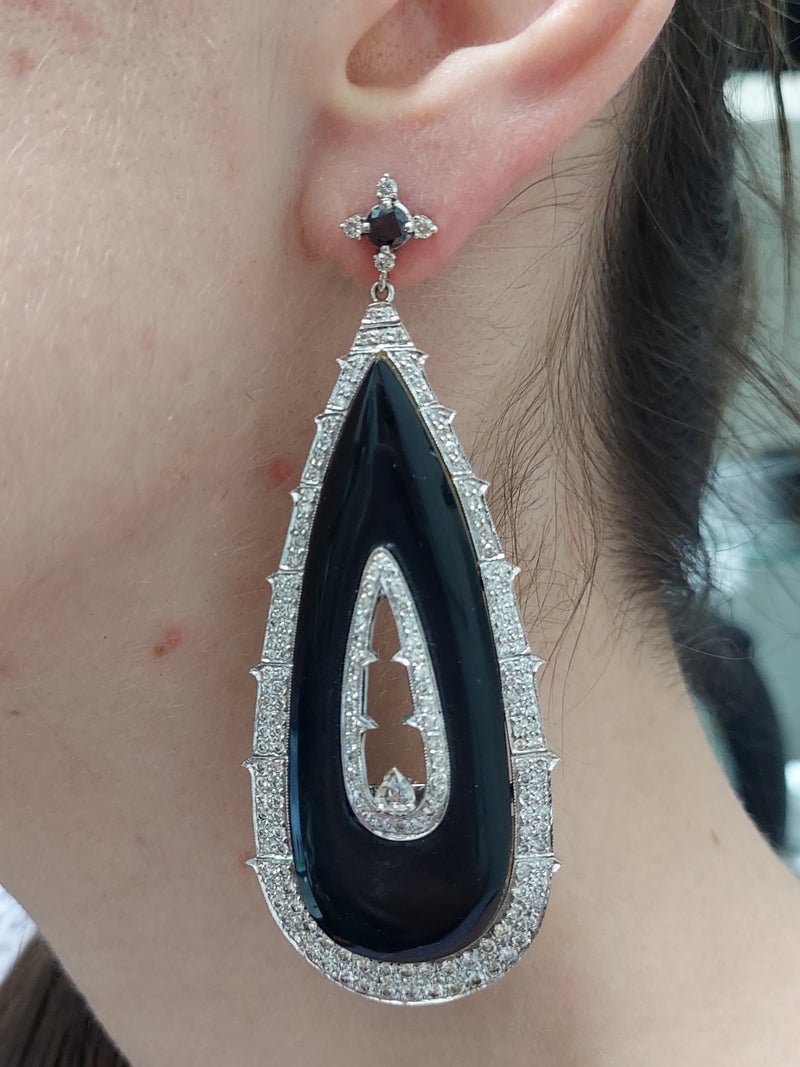 Art Deco Onyx & Diamond Drop Earrings