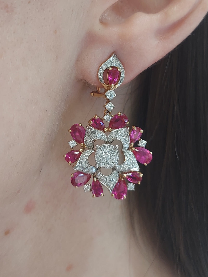 Red Ruby & Diamond Drop Earrings