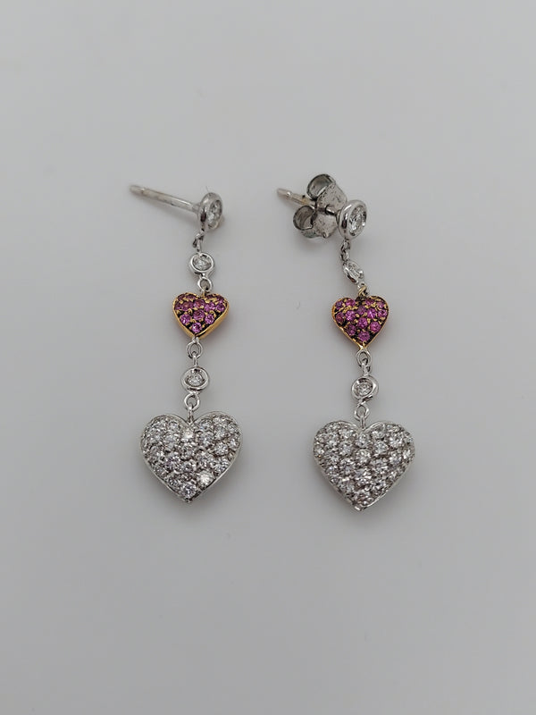 Pink Sapphire & White Diamonds Hearts Drop Earrings