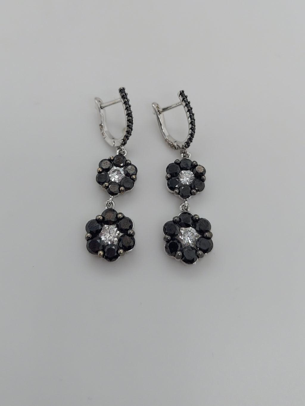 Black & White Diamond Flowers Drop Earrings