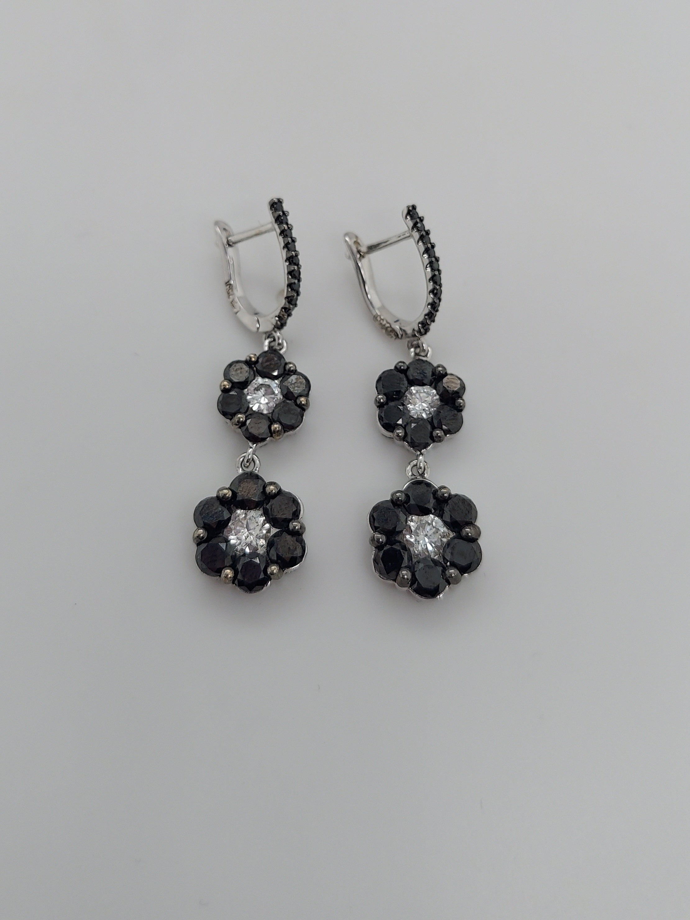 Black & White Diamond Flowers Drop Earrings