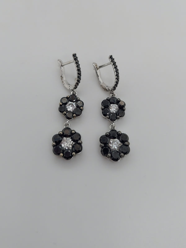 Black & White Diamond Flowers Drop Earrings