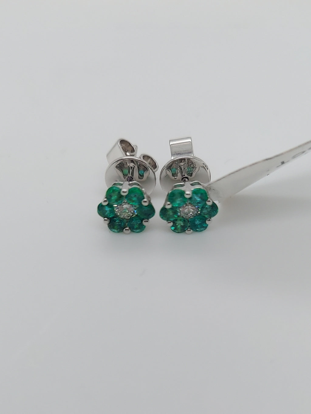Green Emerald & Diamond Flower Stud Earrings