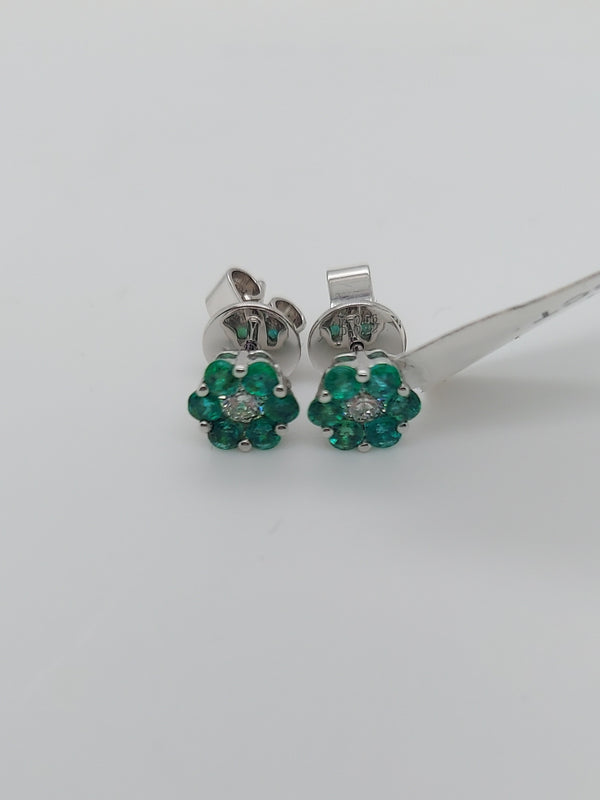 Green Emerald & Diamond Flower Stud Earrings