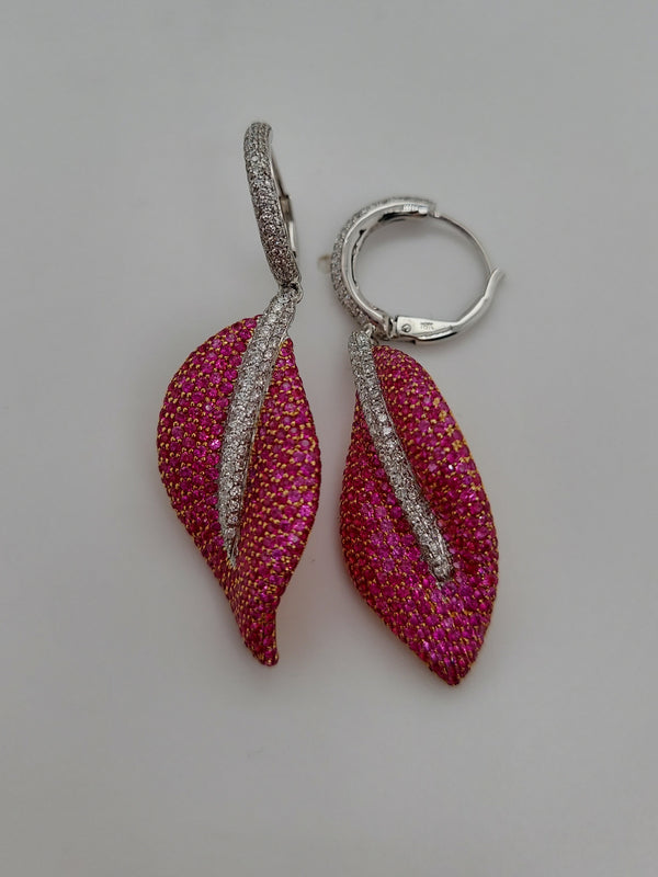 Pink Sapphire & Diamond Leaf Earrings