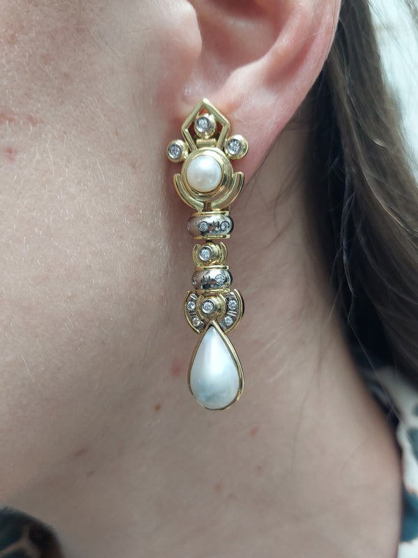 Art Deco Pearl & Diamond Drop Earrings