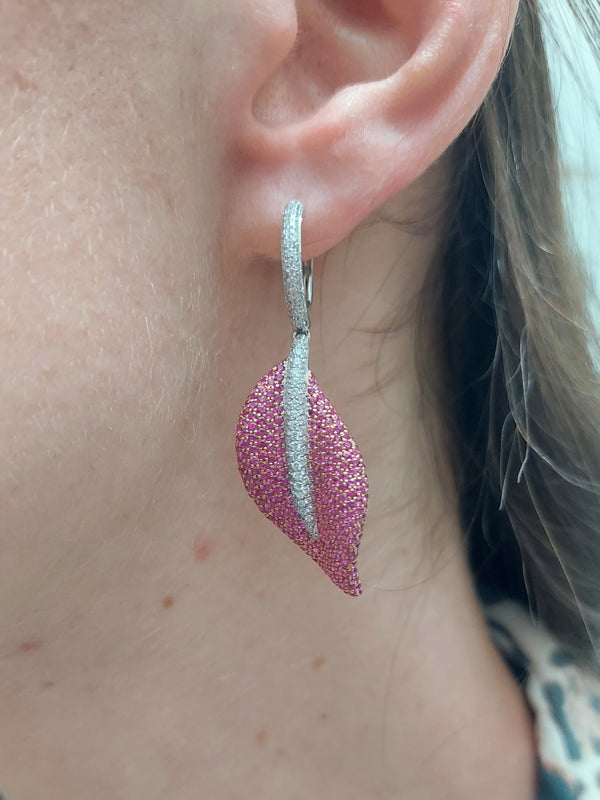 Pink Sapphire & Diamond Leaf Earrings