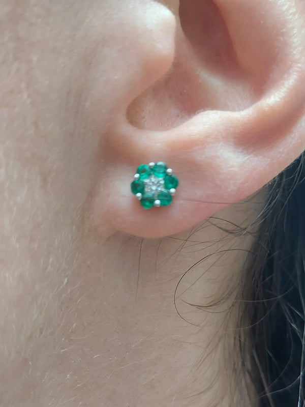 Green Emerald & Diamond Flower Stud Earrings