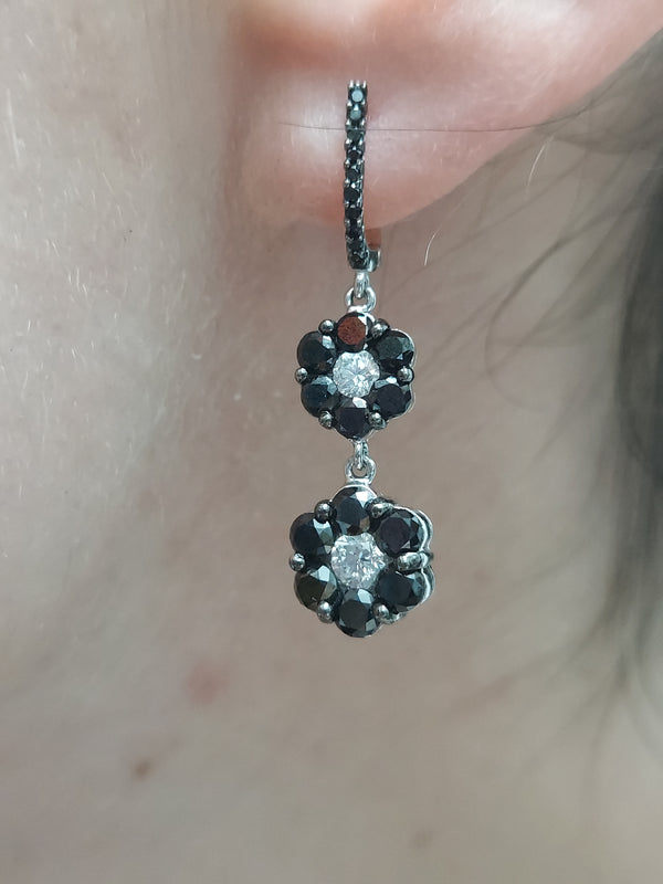 Black & White Diamond Flowers Drop Earrings