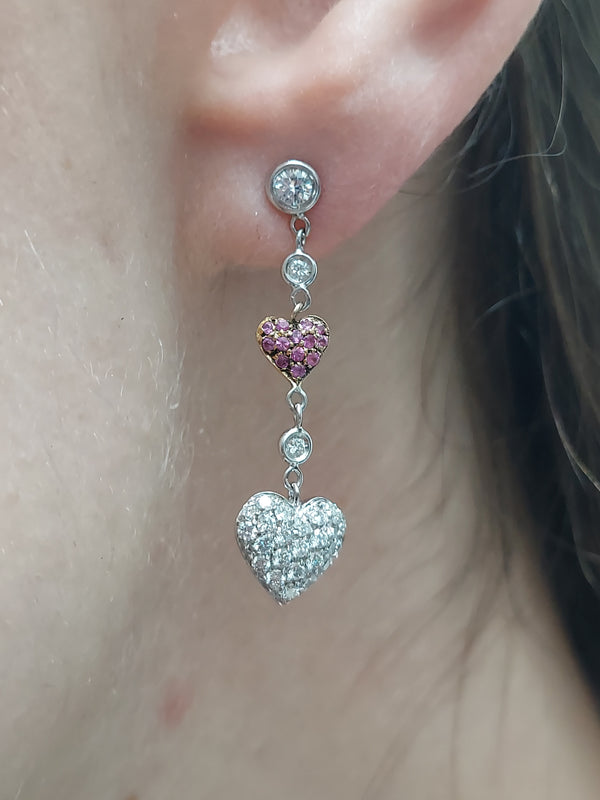 Pink Sapphire & White Diamonds Hearts Drop Earrings