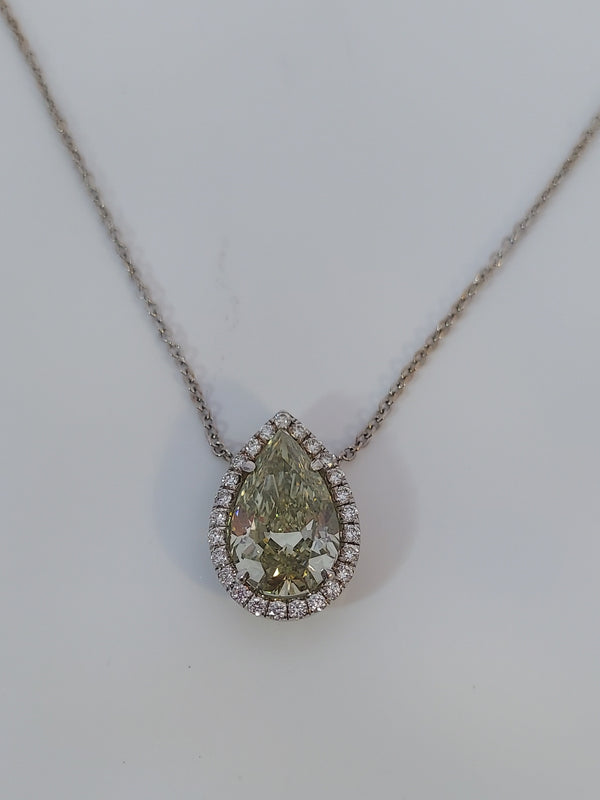 Fancy Light Green Pear Shaped Halo Set Diamond Pendant