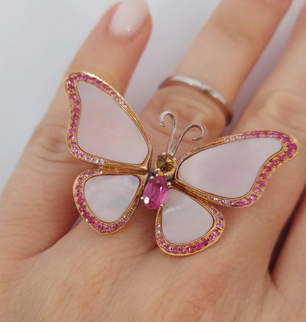 Pink Mother of Pearl & Gemstones Butterfly Ring