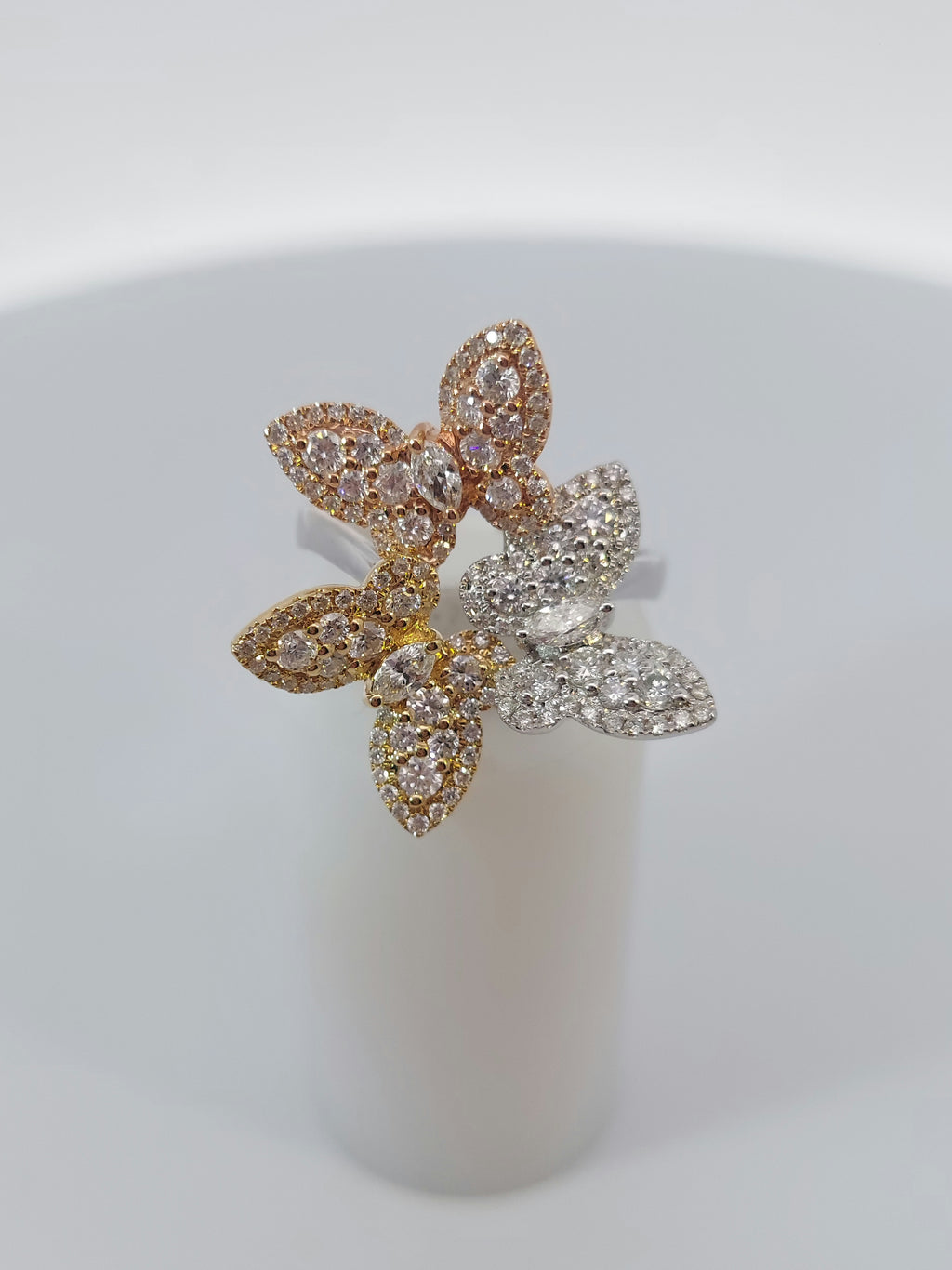 Rose & Yellow & White Gold Diamond Butterfly Ring