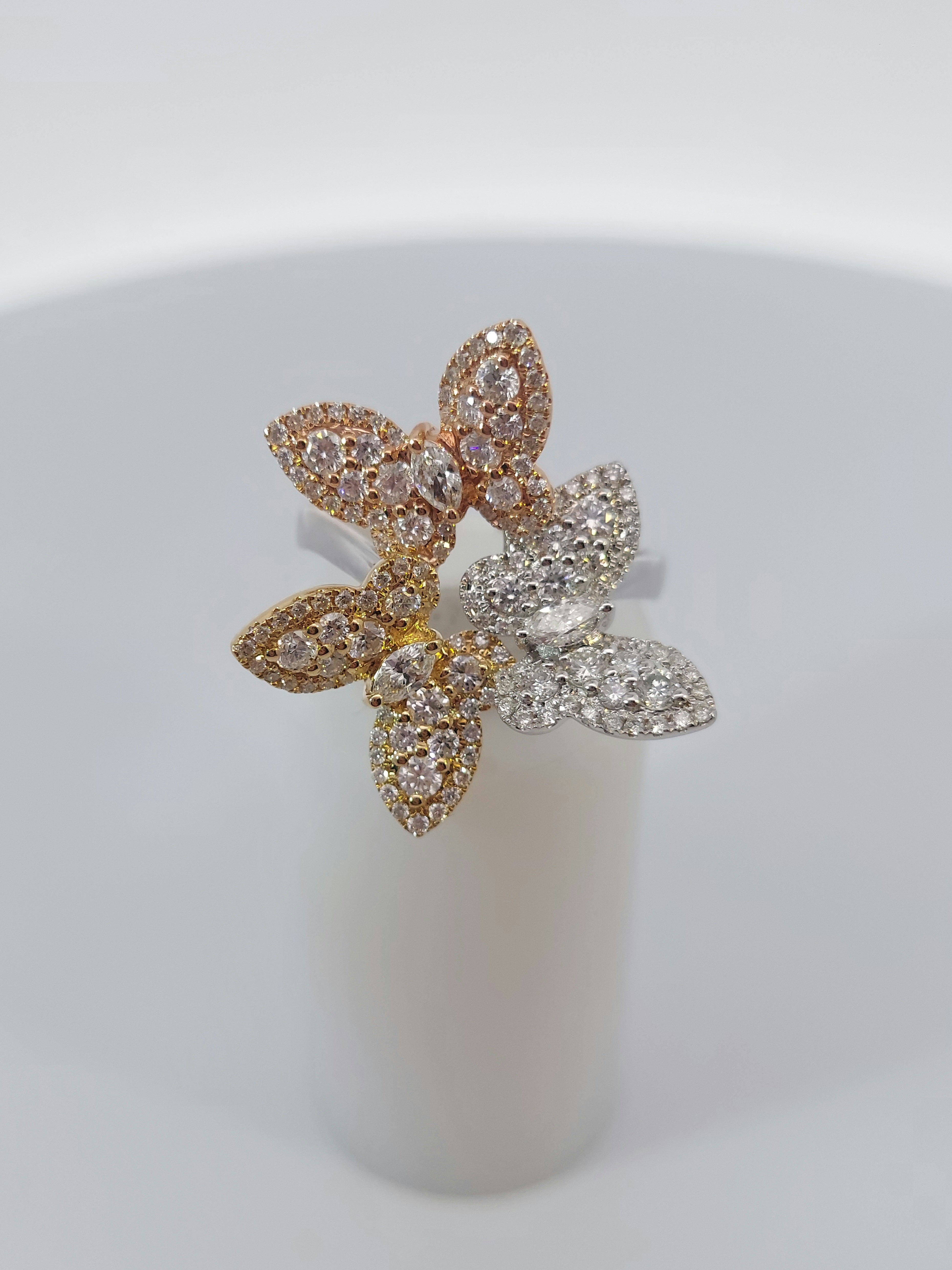 Rose & Yellow & White Gold Diamond Butterfly Ring