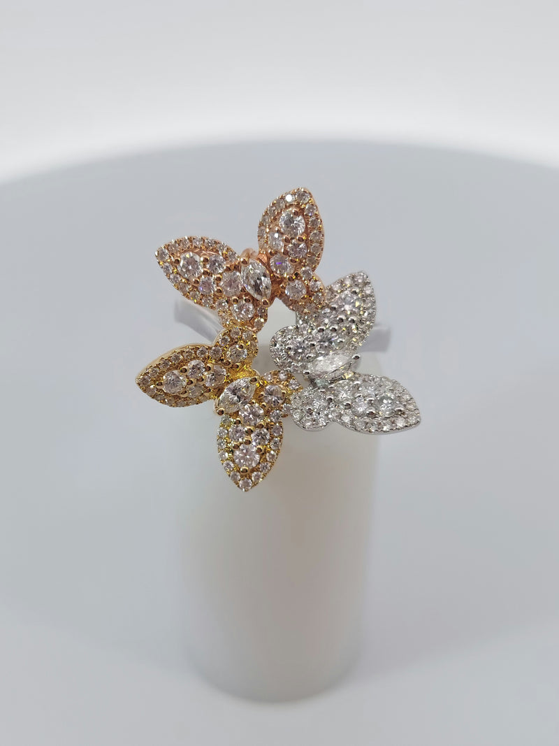 Rose & Yellow & White Gold Diamond Butterfly Ring