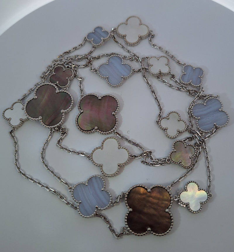 Van Cleef Mother of Pearl & Chalcedony Alhambra Necklace 16 Motif