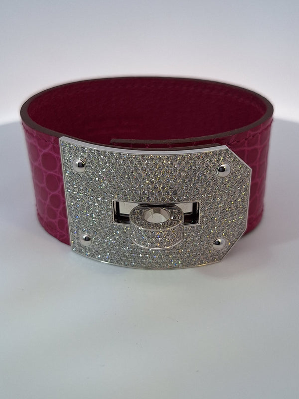 Hermes Diamond & Fuchsia Pink Crocodile "Kelly" bracelet