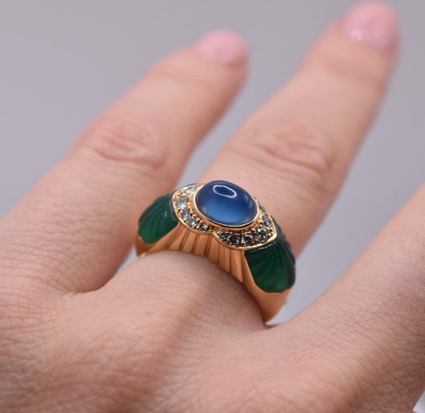 Cartier Sapphire & Chrysoprase & Diamond Halo Vintage Ring