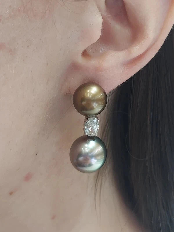 Black and brown pearl diamond drop earrings