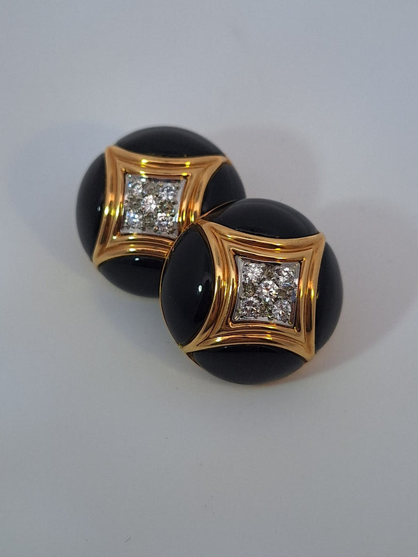 Van Cleef Black Onyx & Diamond Clip Earrings