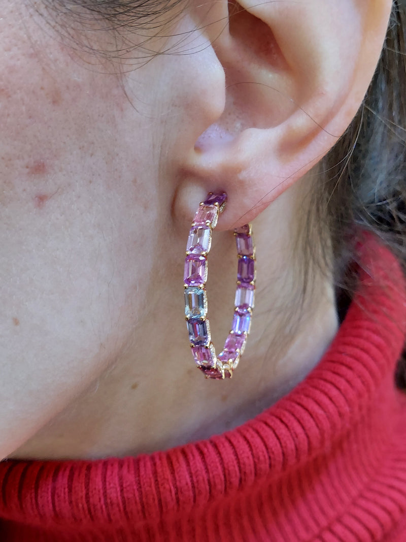 18.58 Carat Emerald Cut Multicolor Sapphires & Diamond Hoop Earrings