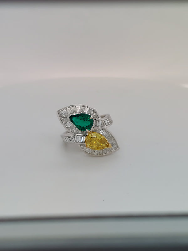 Green Emerald & Fancy Yellow Diamond Ring