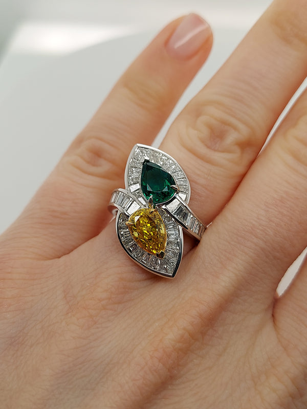 Green Emerald & Fancy Yellow Diamond Ring